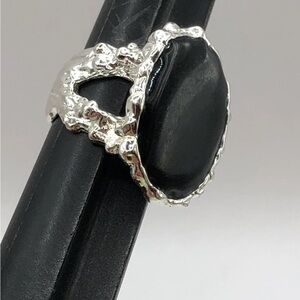 Erica Anenberg Ring Black Enamel Oval Ring Branch Design Size 6.75 Silvertone